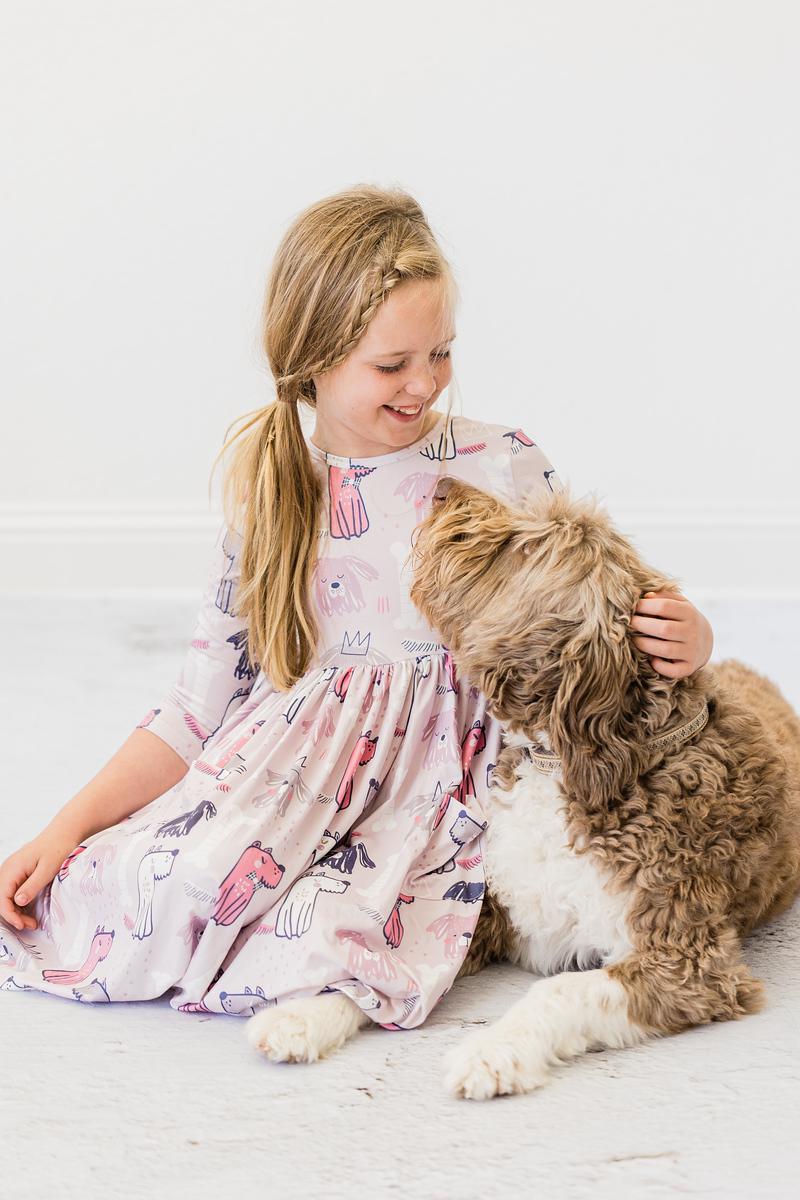 Puppy Party 3/4 Sleeve Pocket Twirl Dress